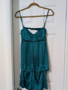 Teal Satin Spaghetti-Strap Mini Dress with Tiered Hem